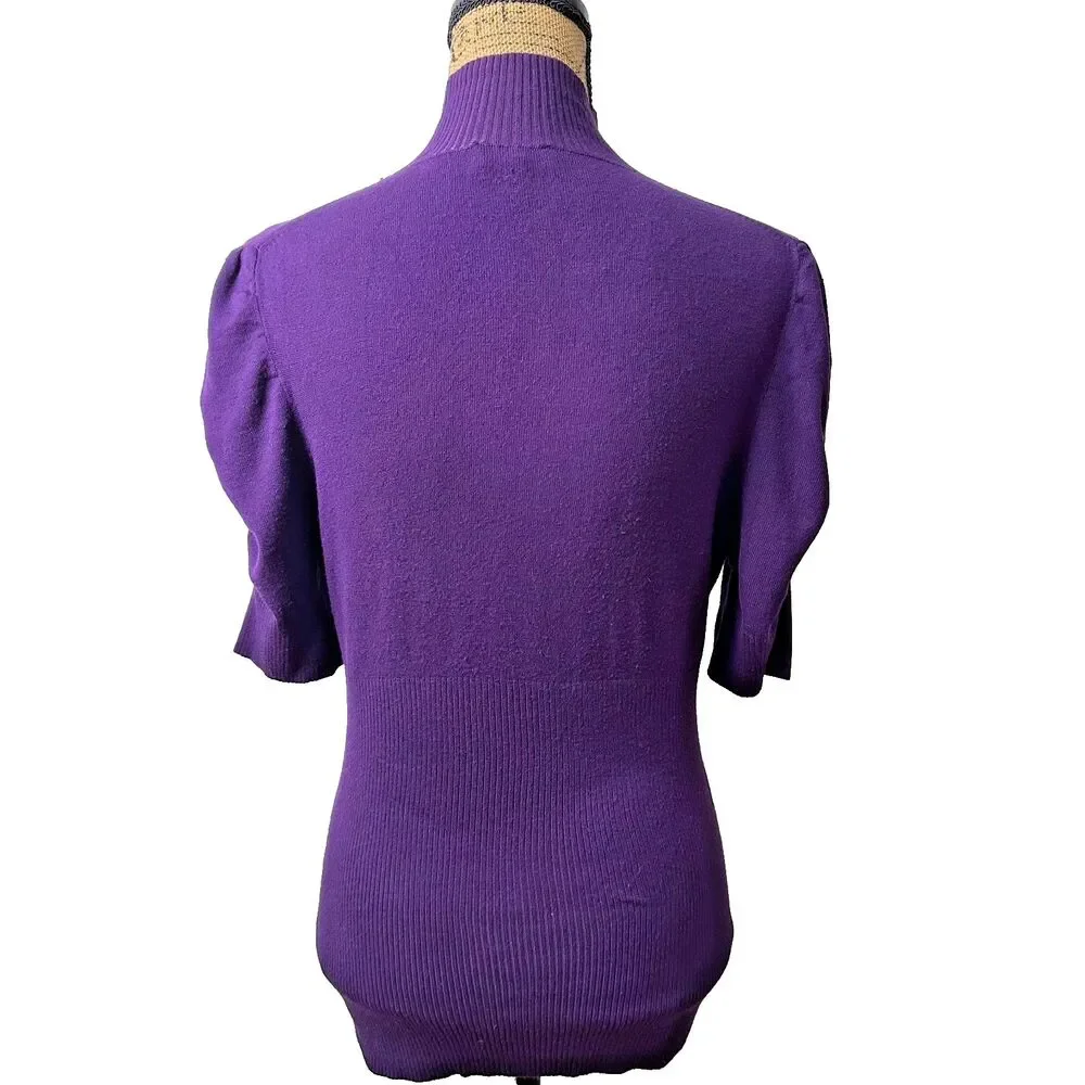 Bebe Women Purple Ribbed Mock Neck Puff Sleeve Sweater Knit Top Sweater Sz Large
